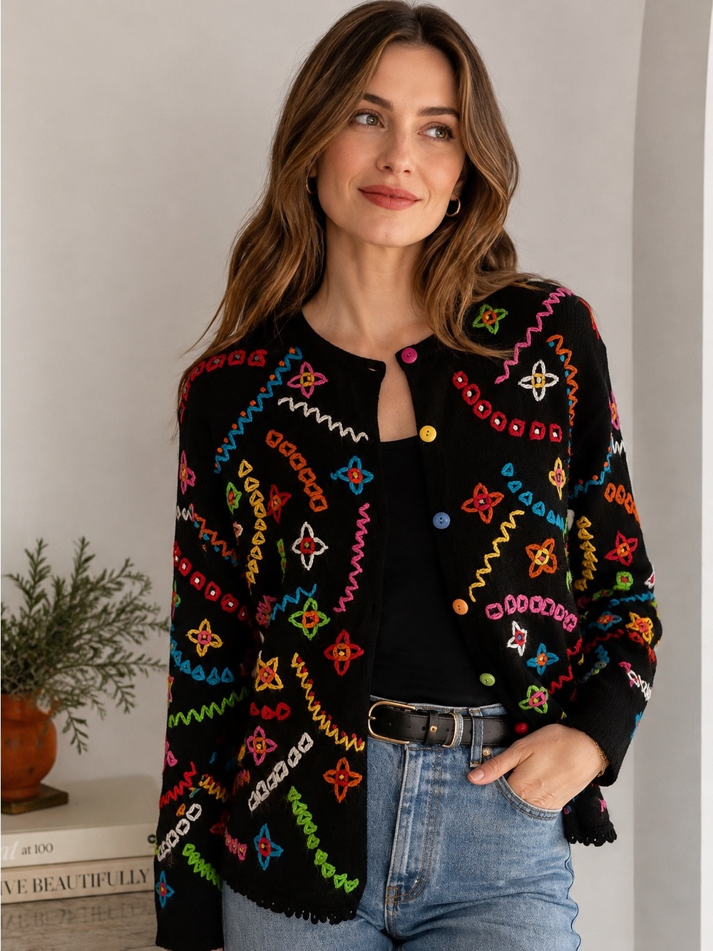 Vintage 90s Talbots Hand Embroidered Novelty Cardigan Sweater Black Sz Small